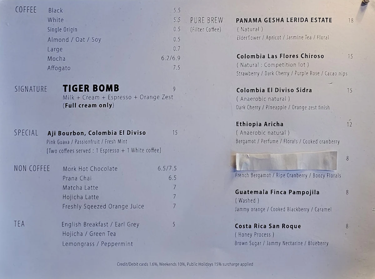 Menu, Tone coffee