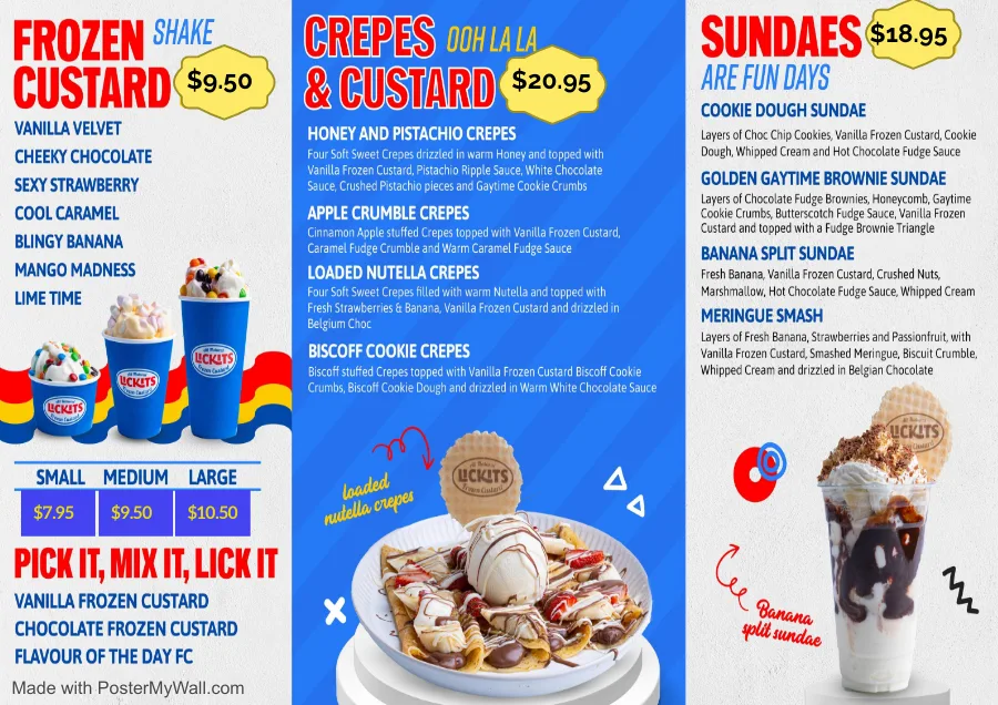 Menu, Lickits Frozen Custard