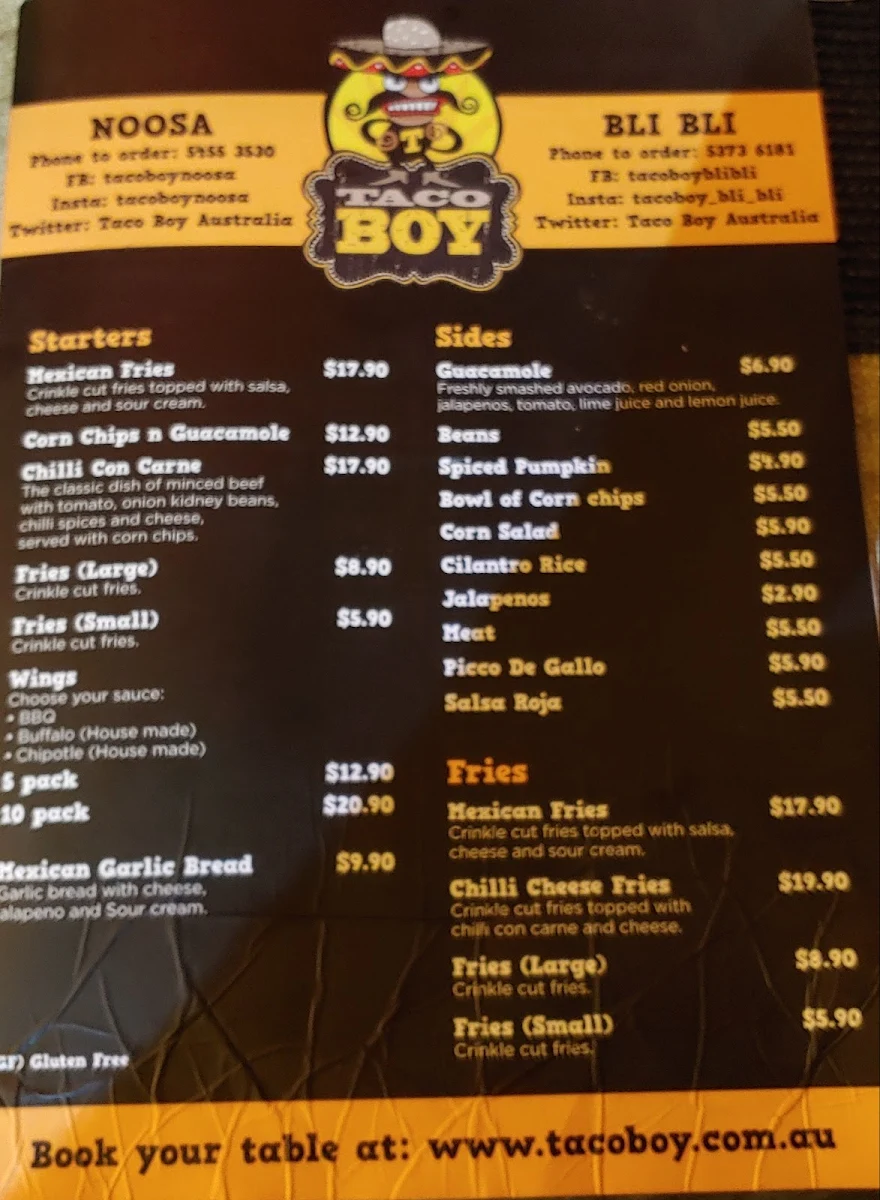 Menu, Taco Boy