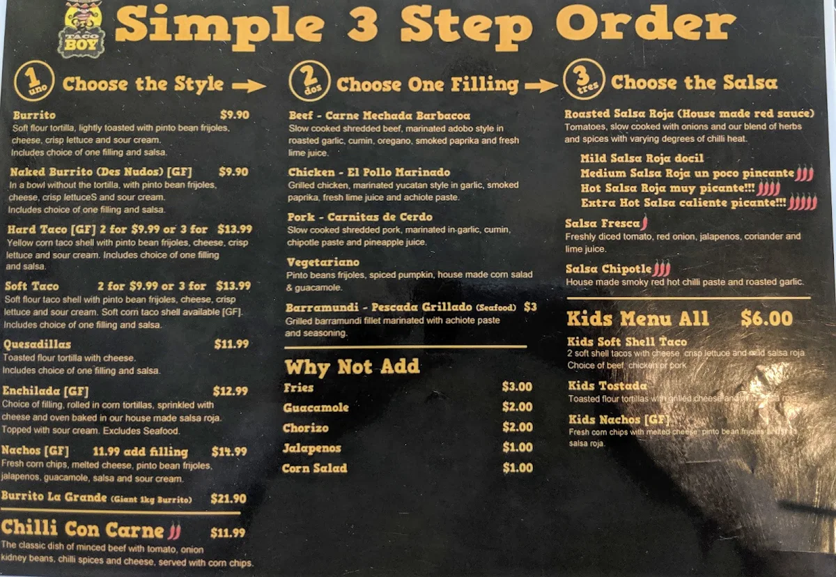 Menu, Taco Boy