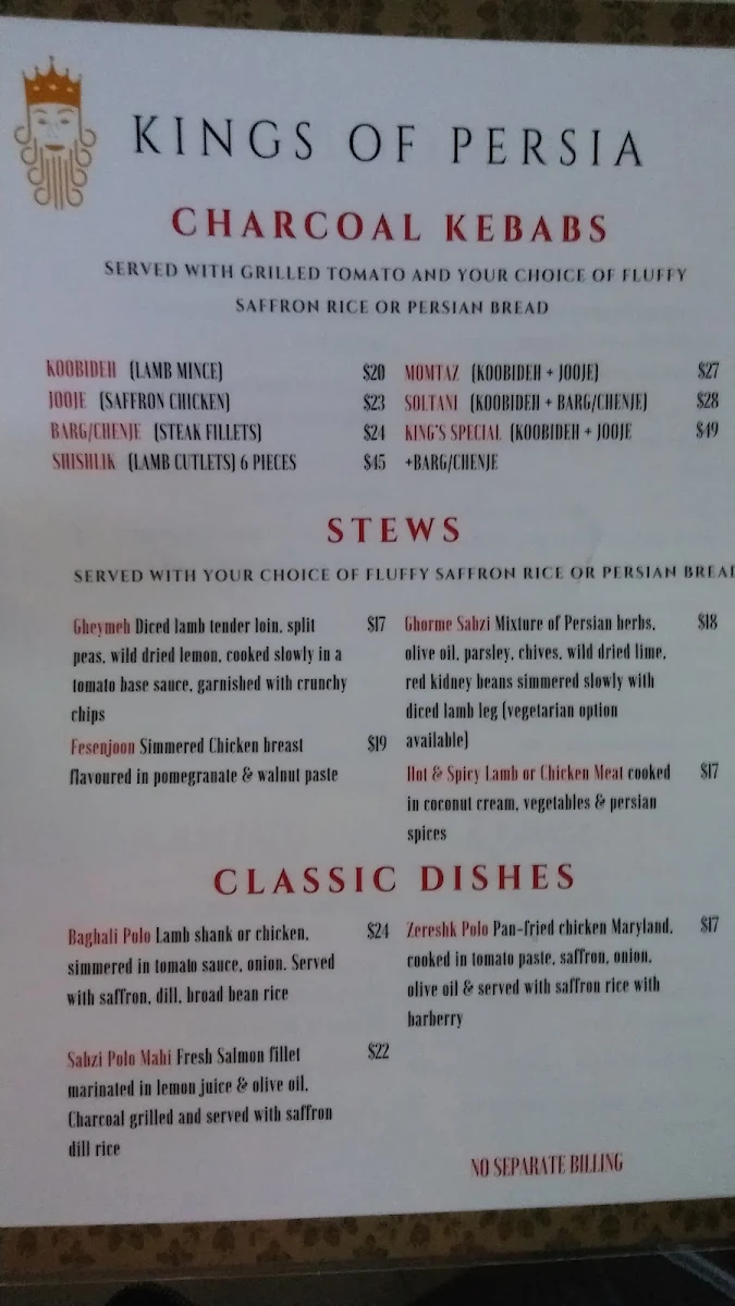 Menu, Kings Of Persia