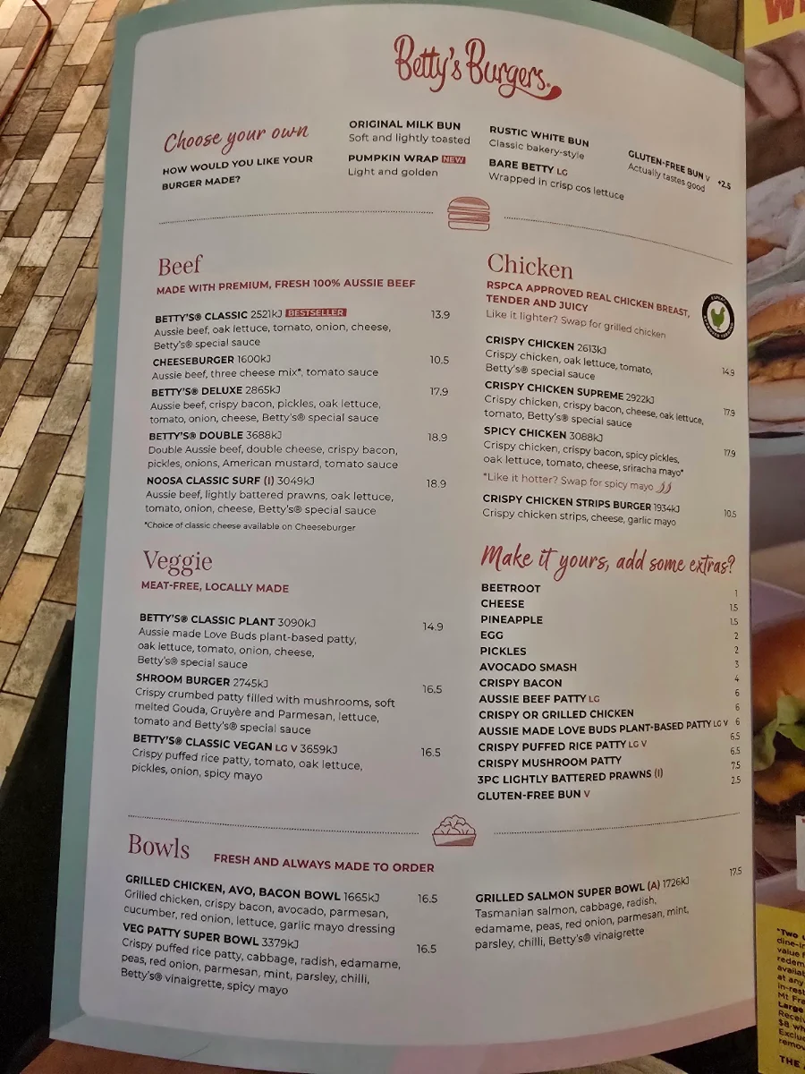 Menu, Betty's Burgers