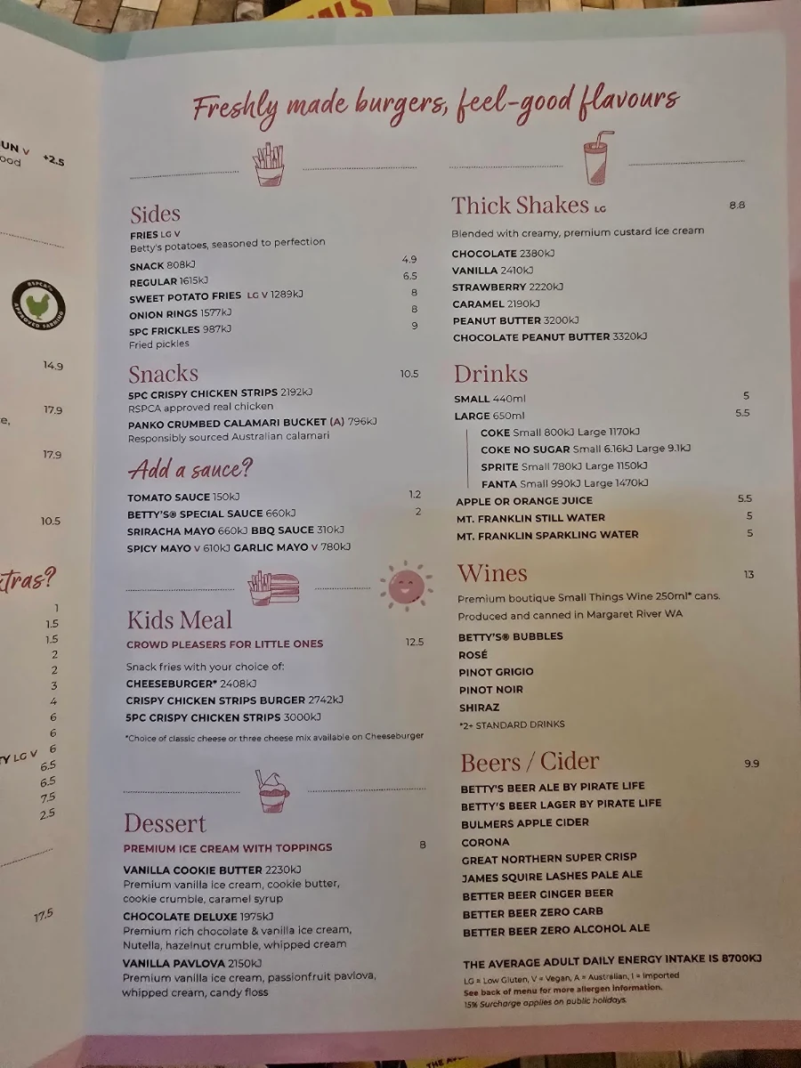 Menu, Betty's Burgers