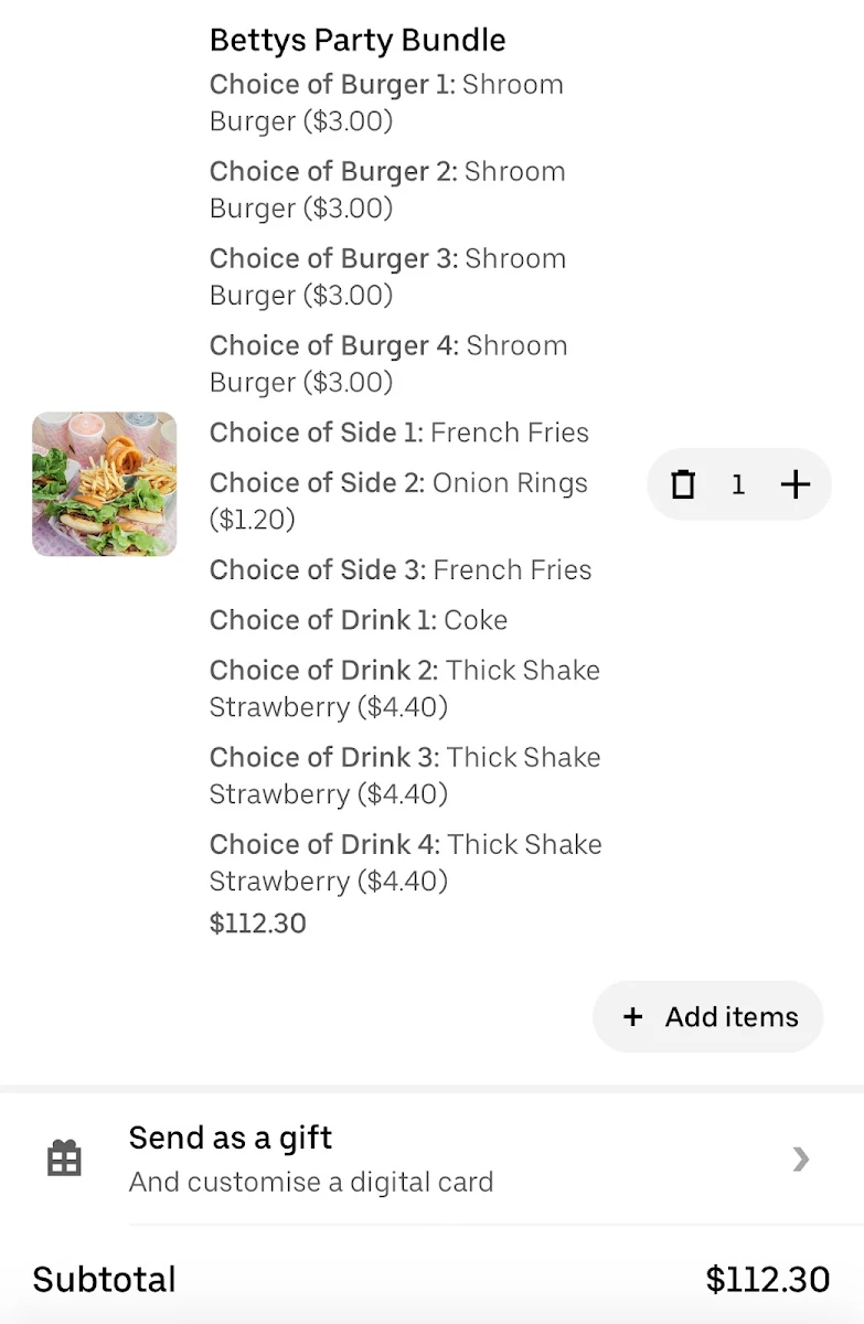 Menu, Betty's Burgers