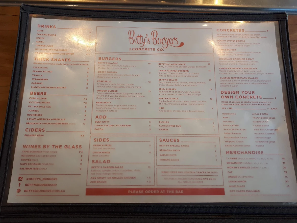 Menu, Betty's Burgers