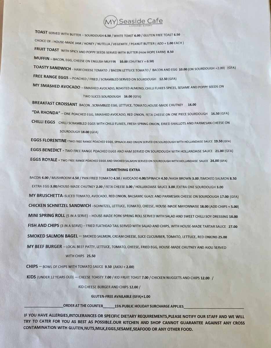Menu, My Seaside Cafe
