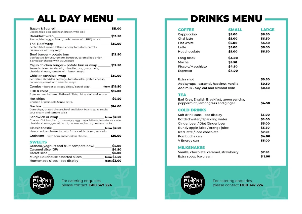 Menu, Plant Room Cafe