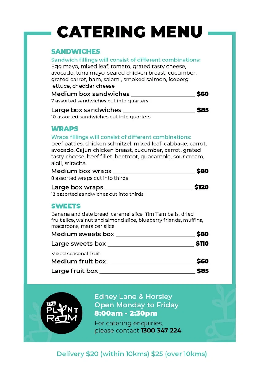 Menu, Plant Room Cafe