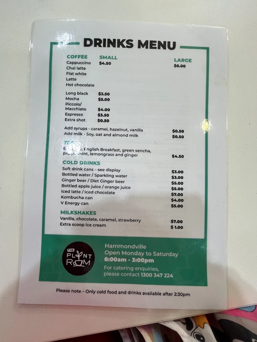 Menu, Plant Room Cafe
