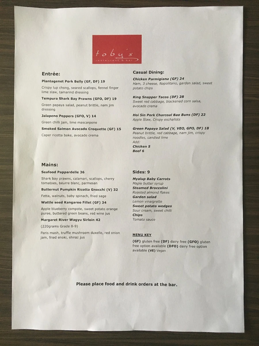 Menu, Toby's Restaurant & Bar
