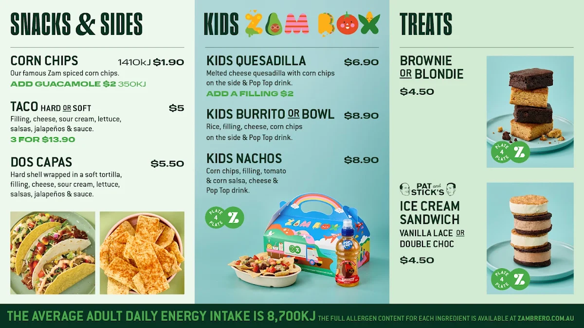 Menu, Zambrero Lismore