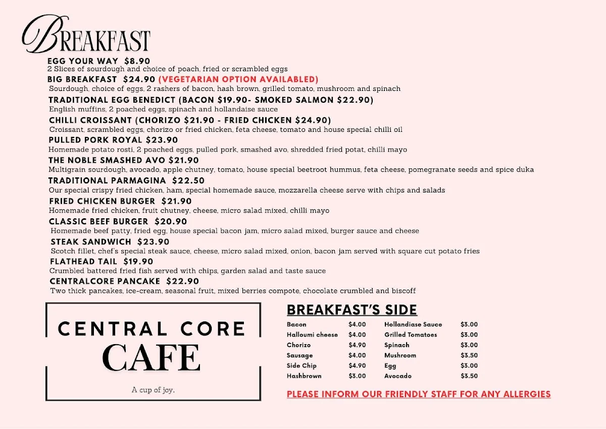Menu, Central Core Cafe