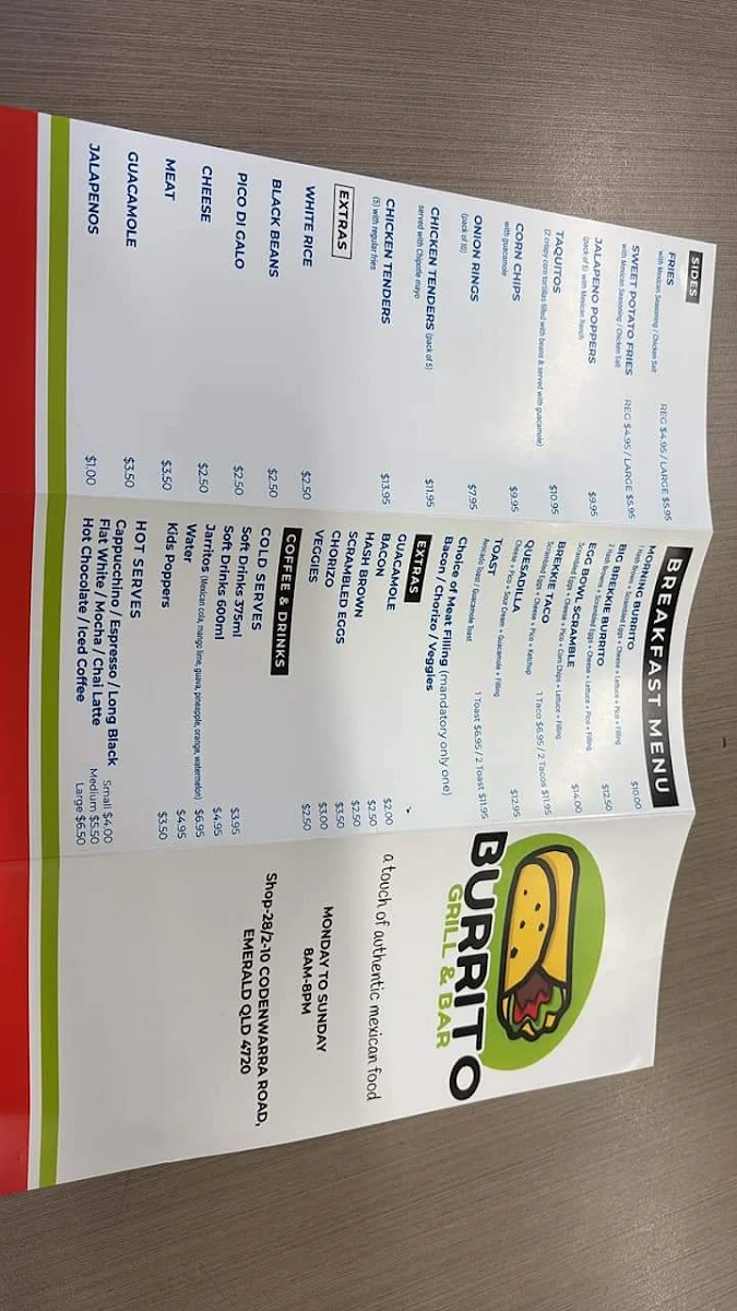 Menu, Burrito grill & bar