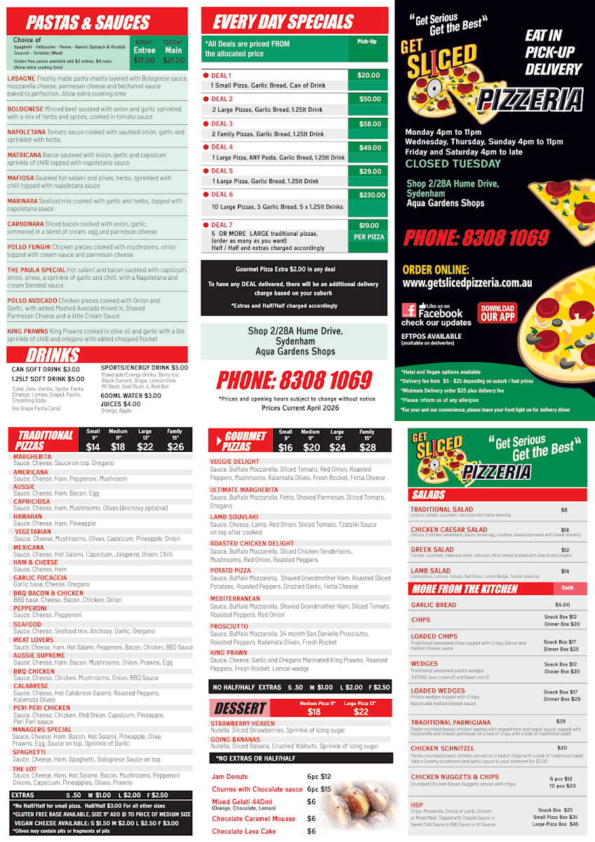 Menu, Get Sliced Pizzeria