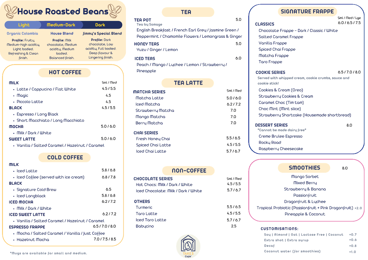 Menu, Take 3 Cafe