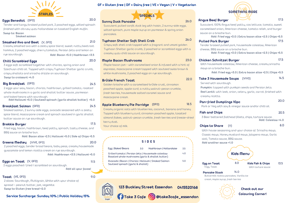 Menu, Take 3 Cafe