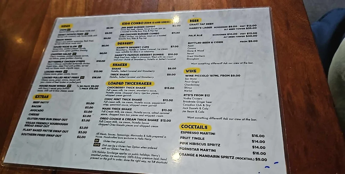 Menu, Hello Harry The Burger Joint (Leederville)
