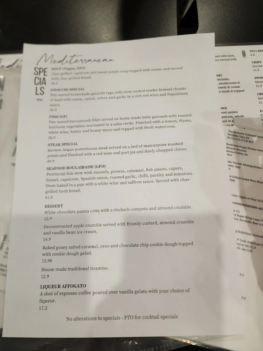 Menu, Mediterranean Cafe Ristorante