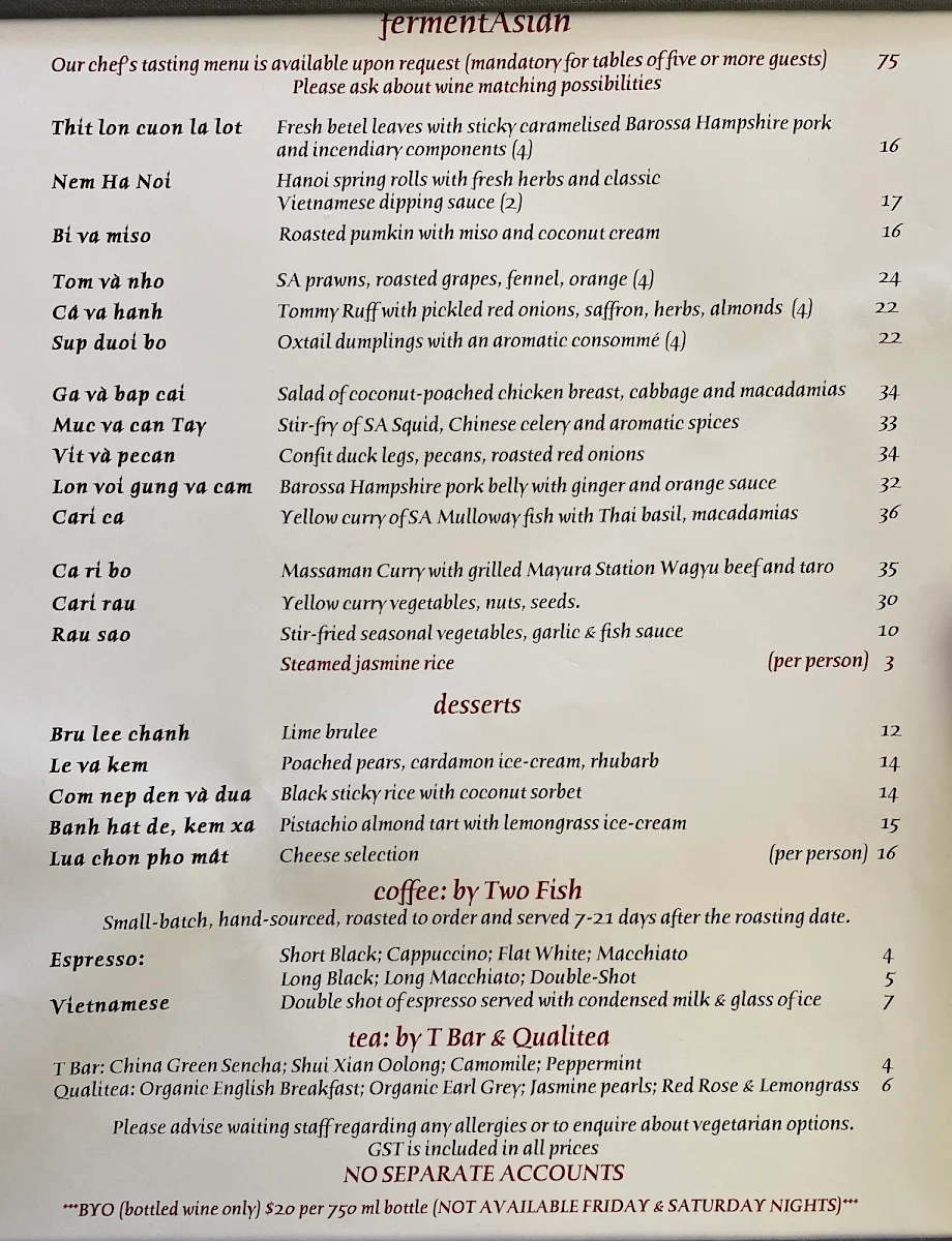 Menu, fermentAsian