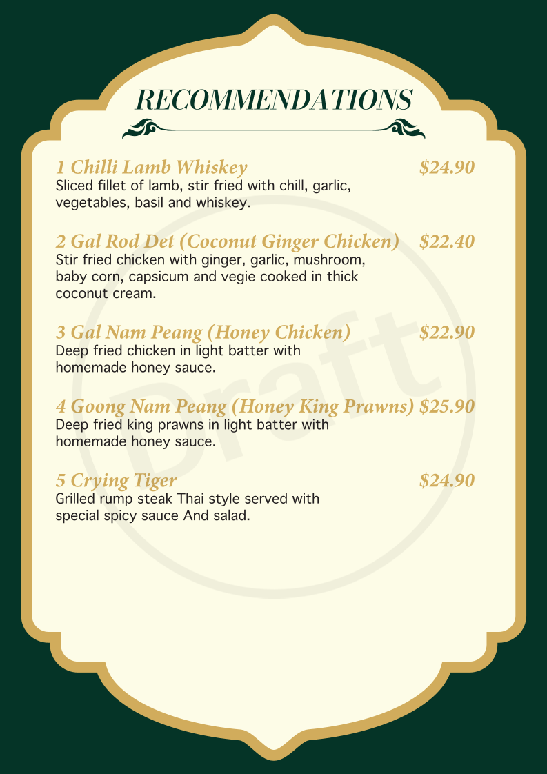 Menu, Suree's Thai Restaurant Perth