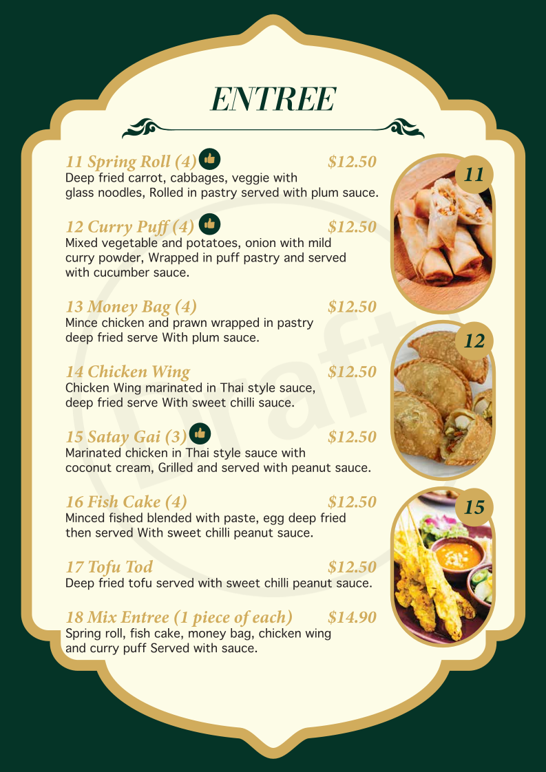 Menu, Suree's Thai Restaurant Perth
