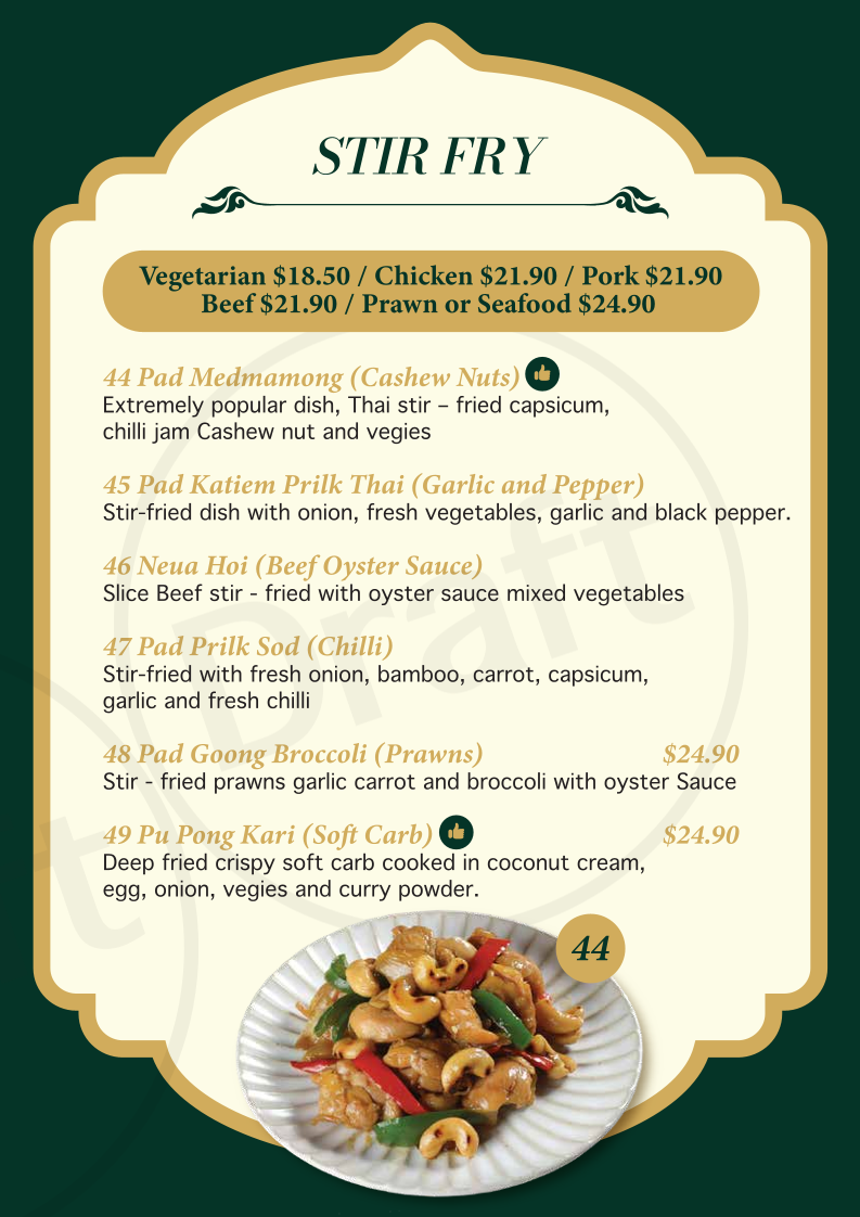 Menu, Suree's Thai Restaurant Perth