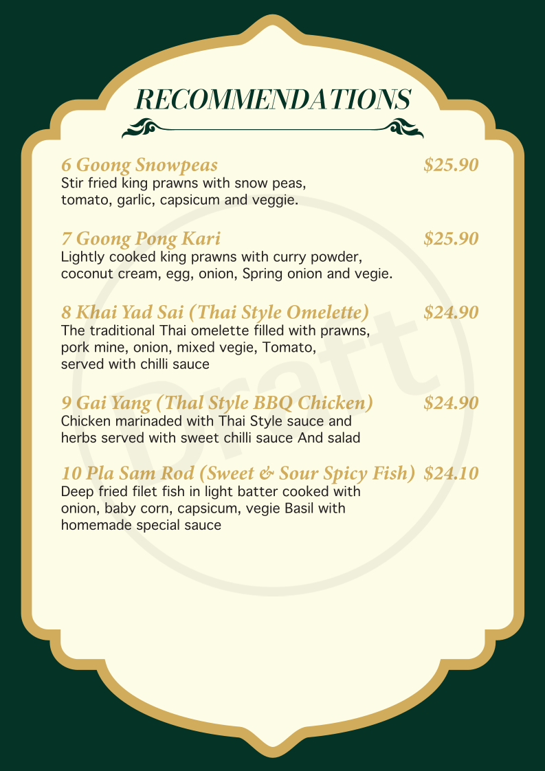 Menu, Suree's Thai Restaurant Perth