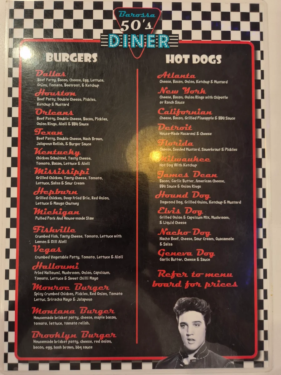 Menu, Barossa 50s Diner