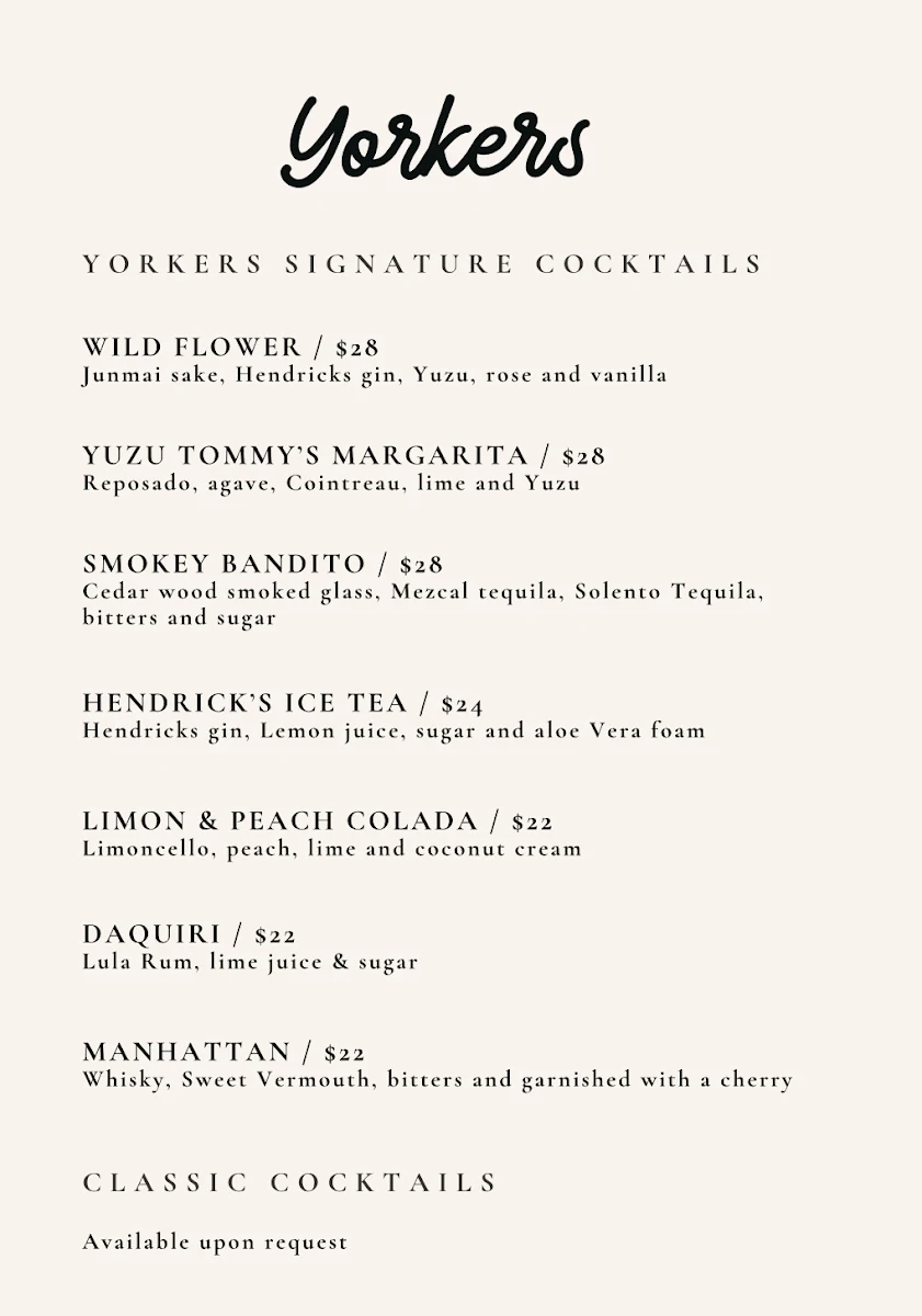 Menu, Yorkers Bar