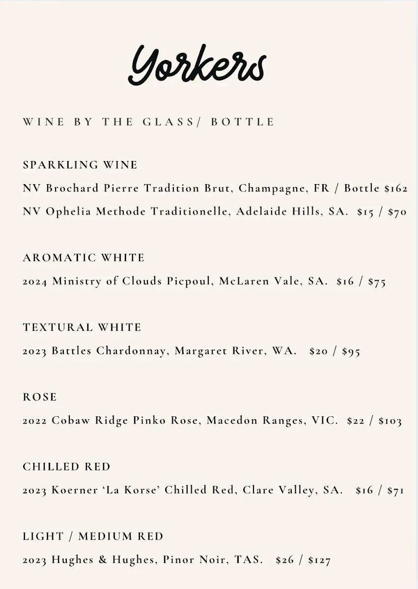 Menu, Yorkers Bar