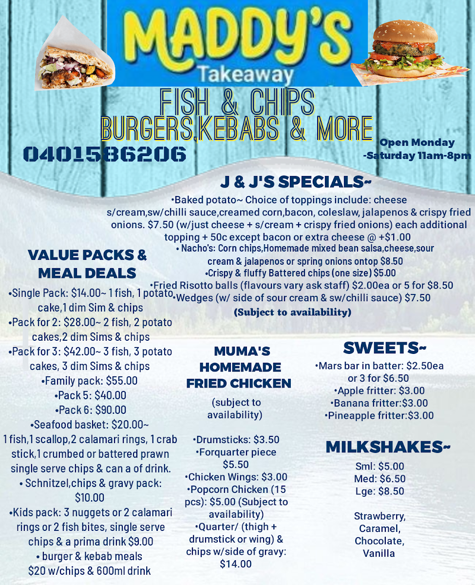 Menu, Maddy’s Takeaway