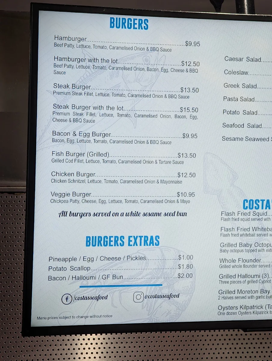 Menu, Costa's Seafood Cafe