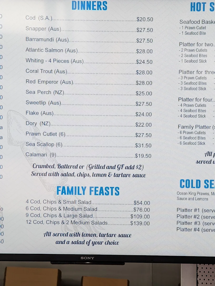 Menu, Costa's Seafood Cafe