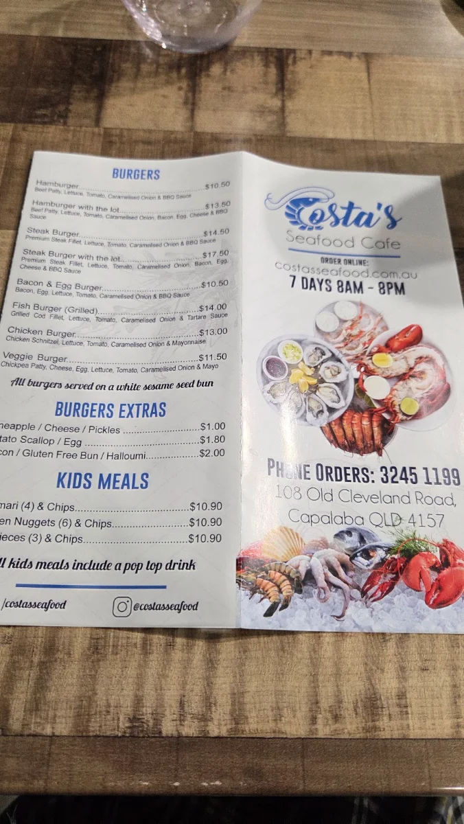 Menu, Costa's Seafood Cafe