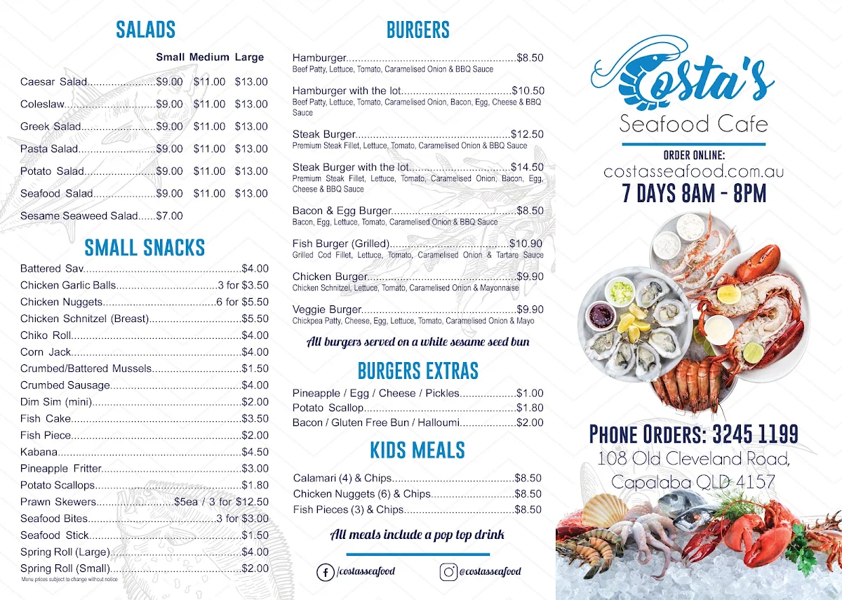 Menu, Costa's Seafood Cafe
