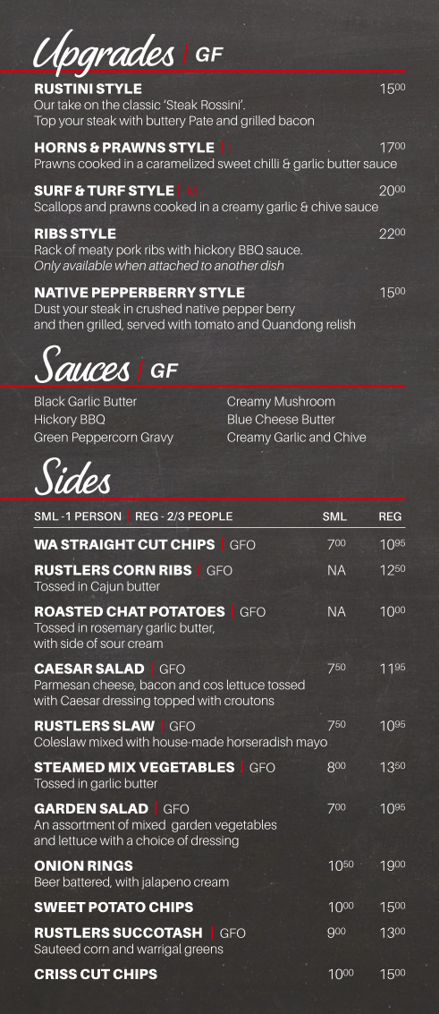 Menu, Rustlers Steakhouse & Grill