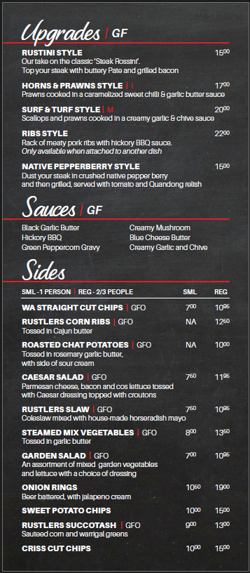 Menu, Rustlers Steakhouse & Grill