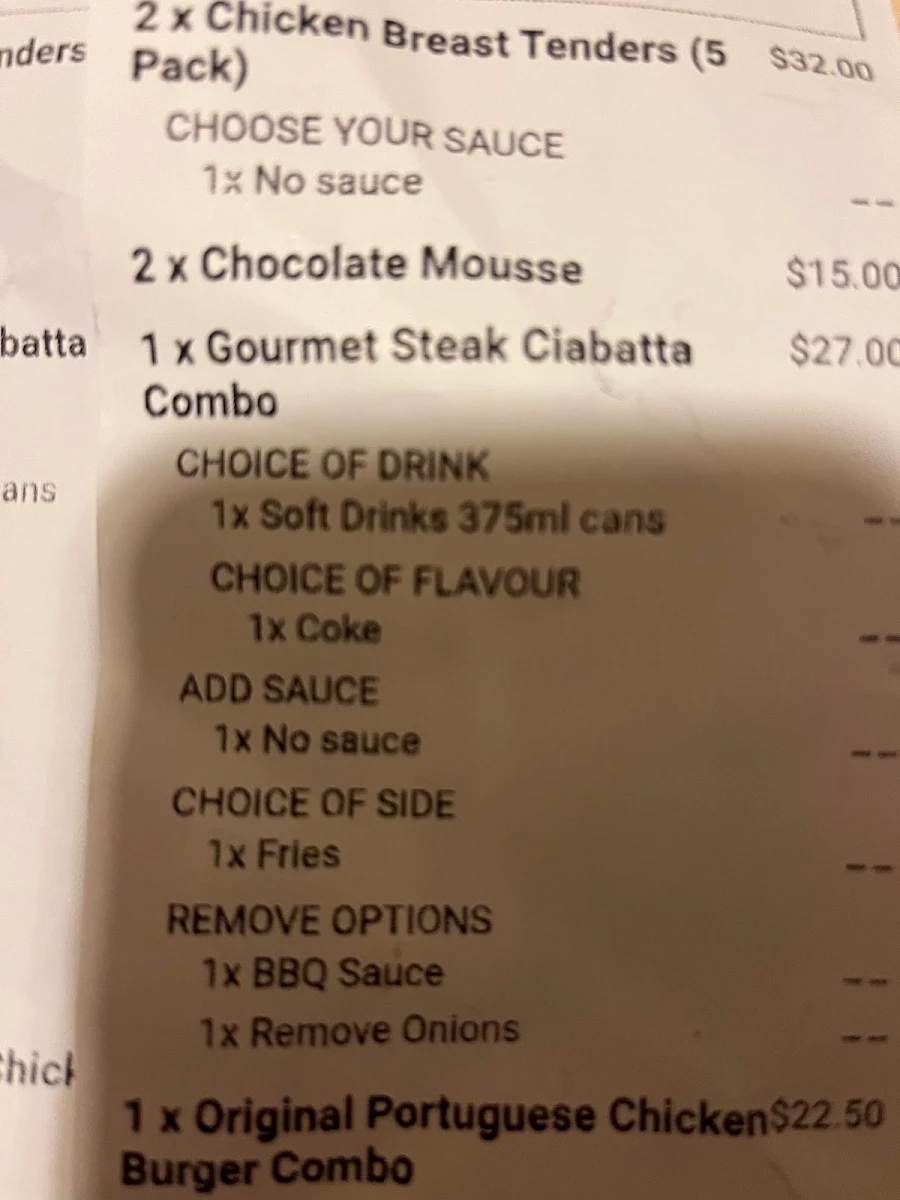 Menu, Frango Penrith