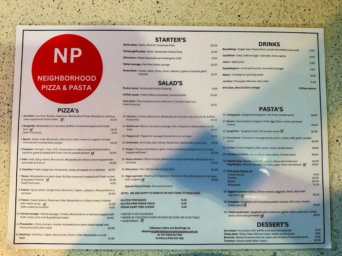 Menu, Neighborhood Pizza and Pasta