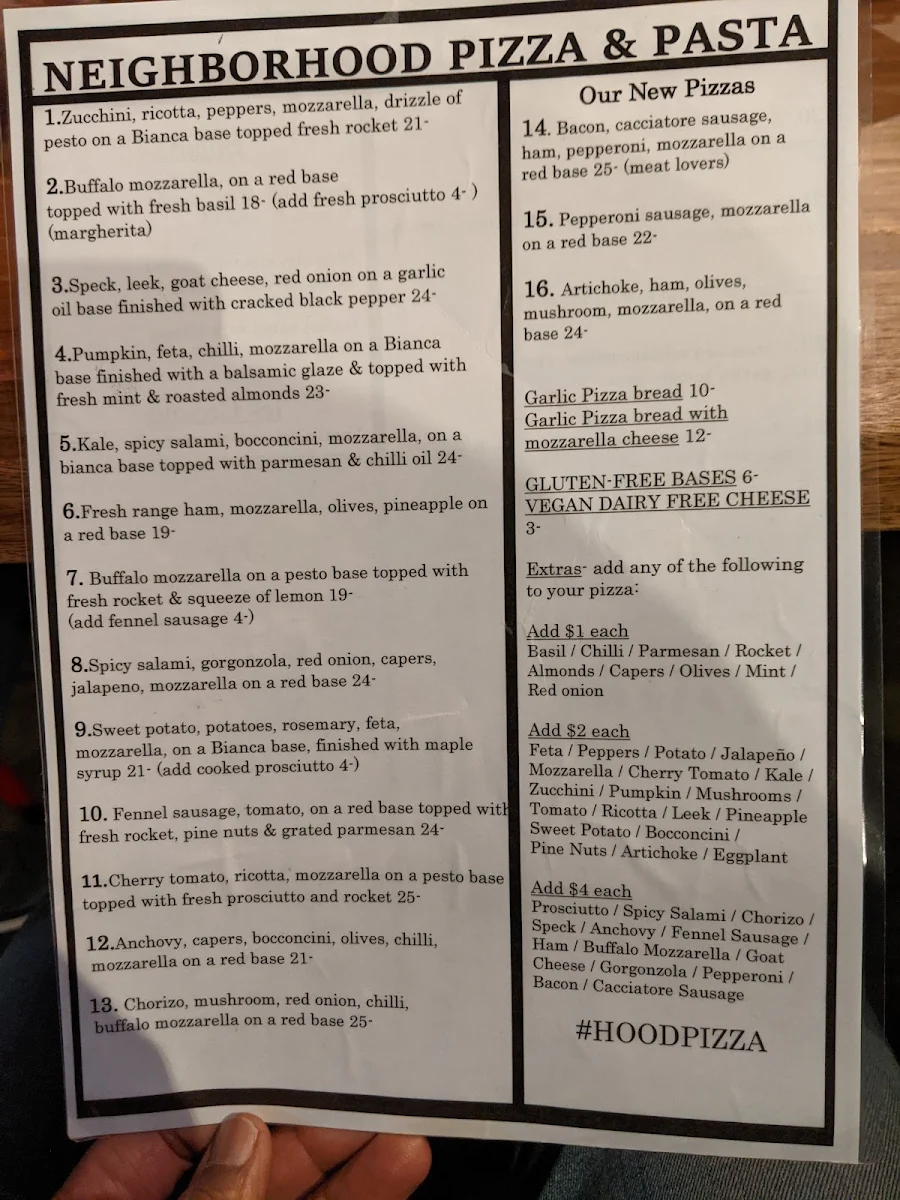 Menu, Neighborhood Pizza and Pasta