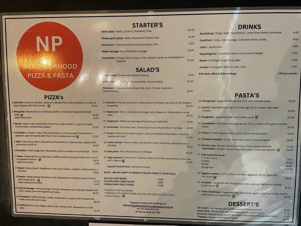 Menu, Neighborhood Pizza and Pasta