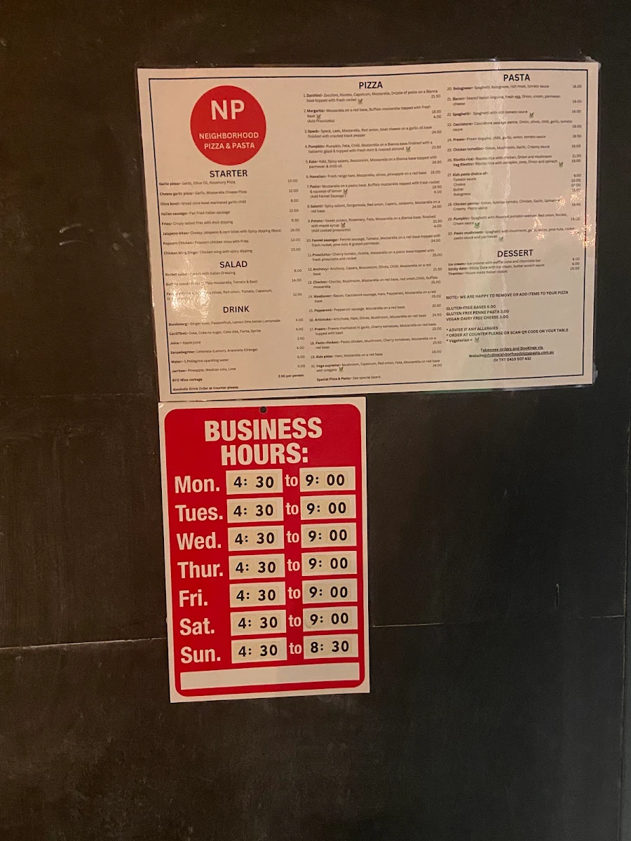 Menu, Neighborhood Pizza and Pasta