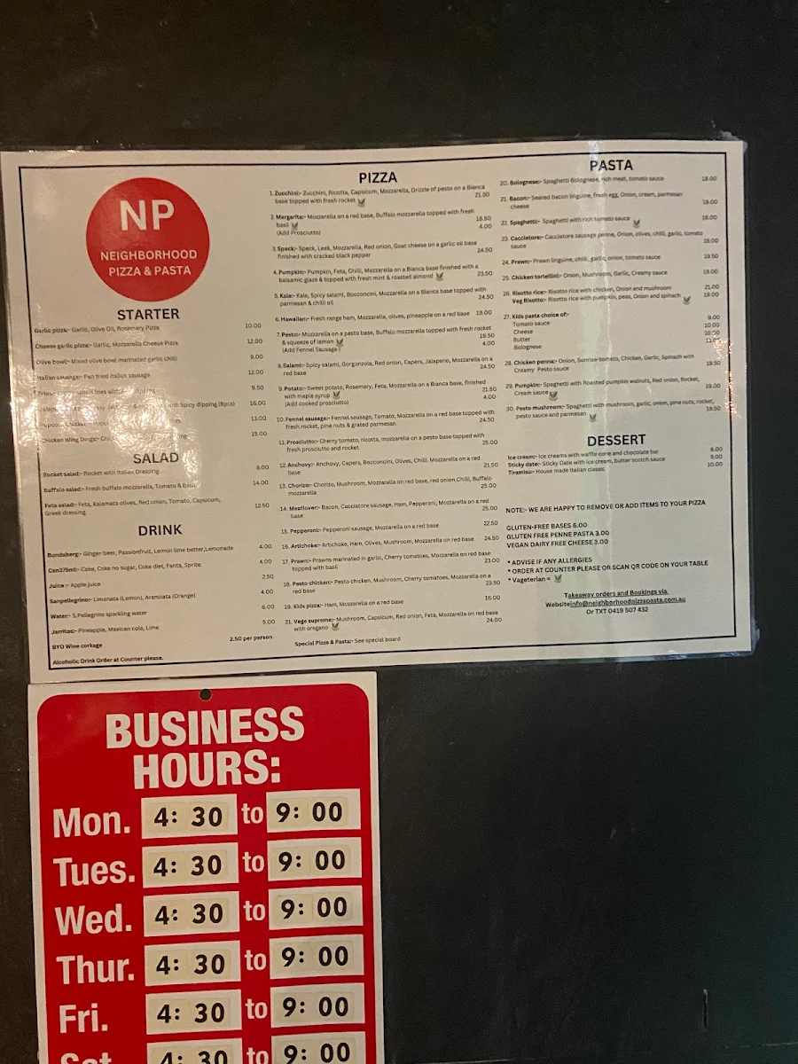 Menu, Neighborhood Pizza and Pasta