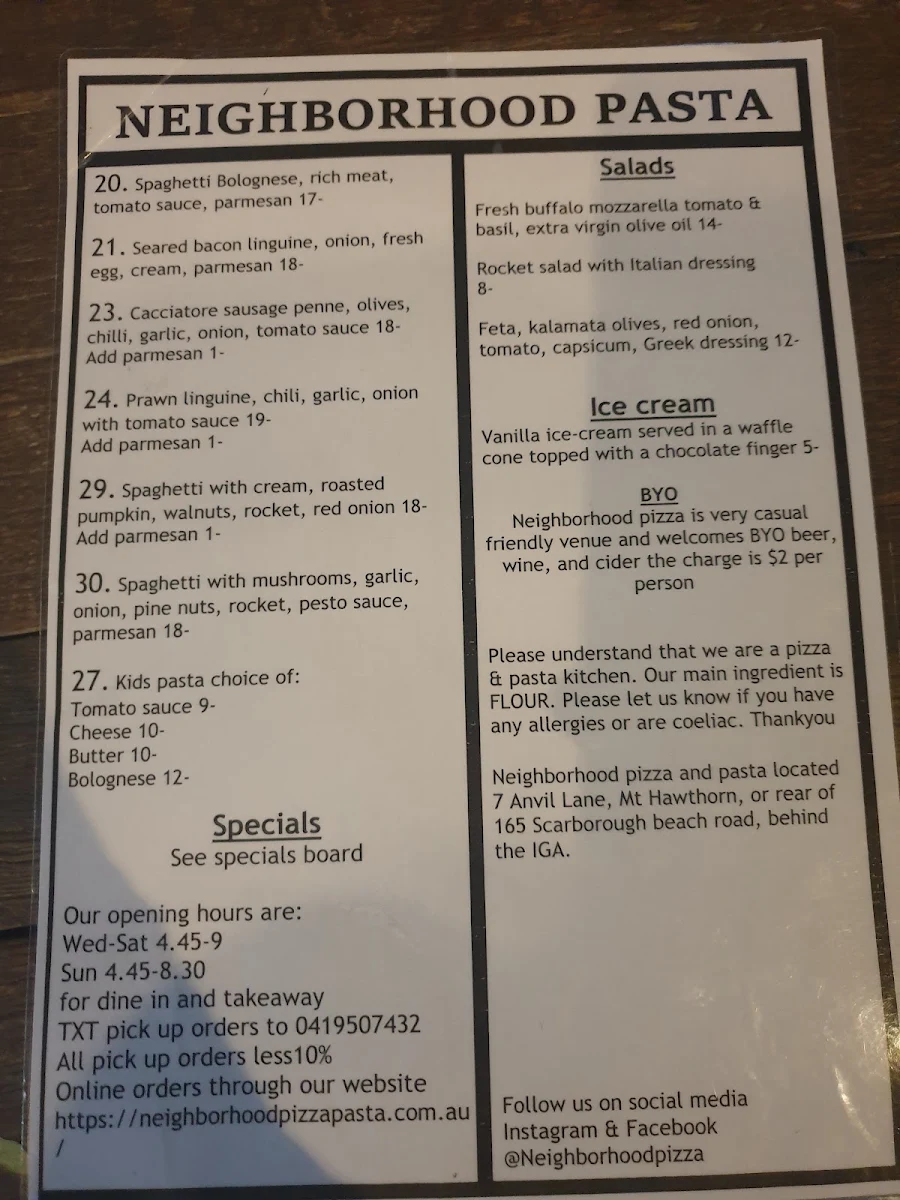 Menu, Neighborhood Pizza and Pasta
