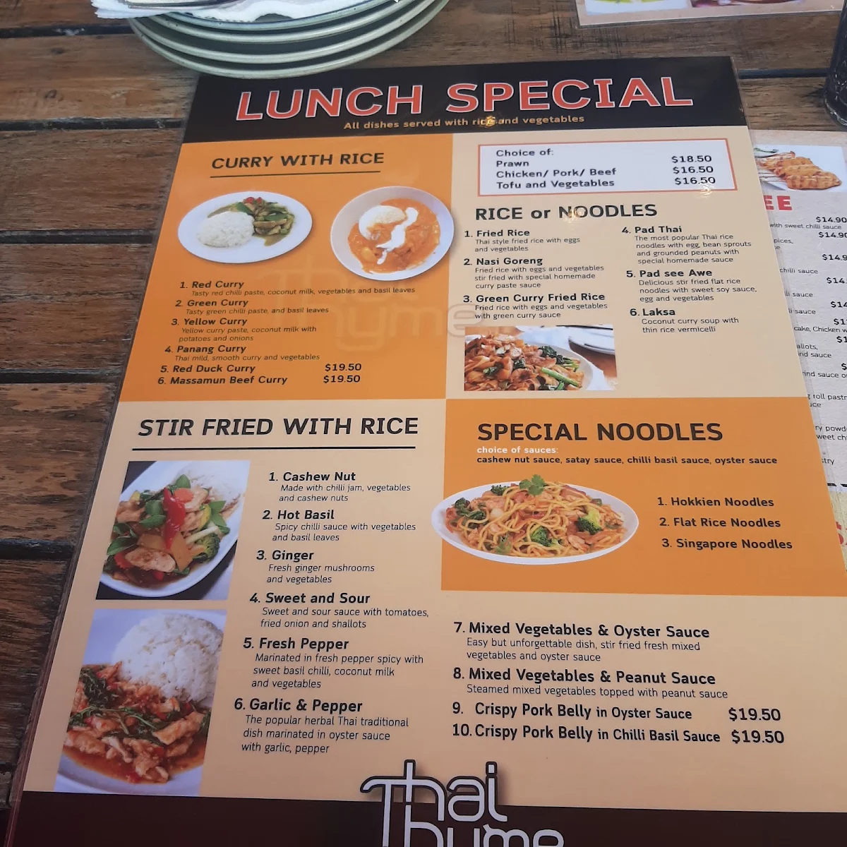 Menu, Thai Thyme Erina Fair Restaurant