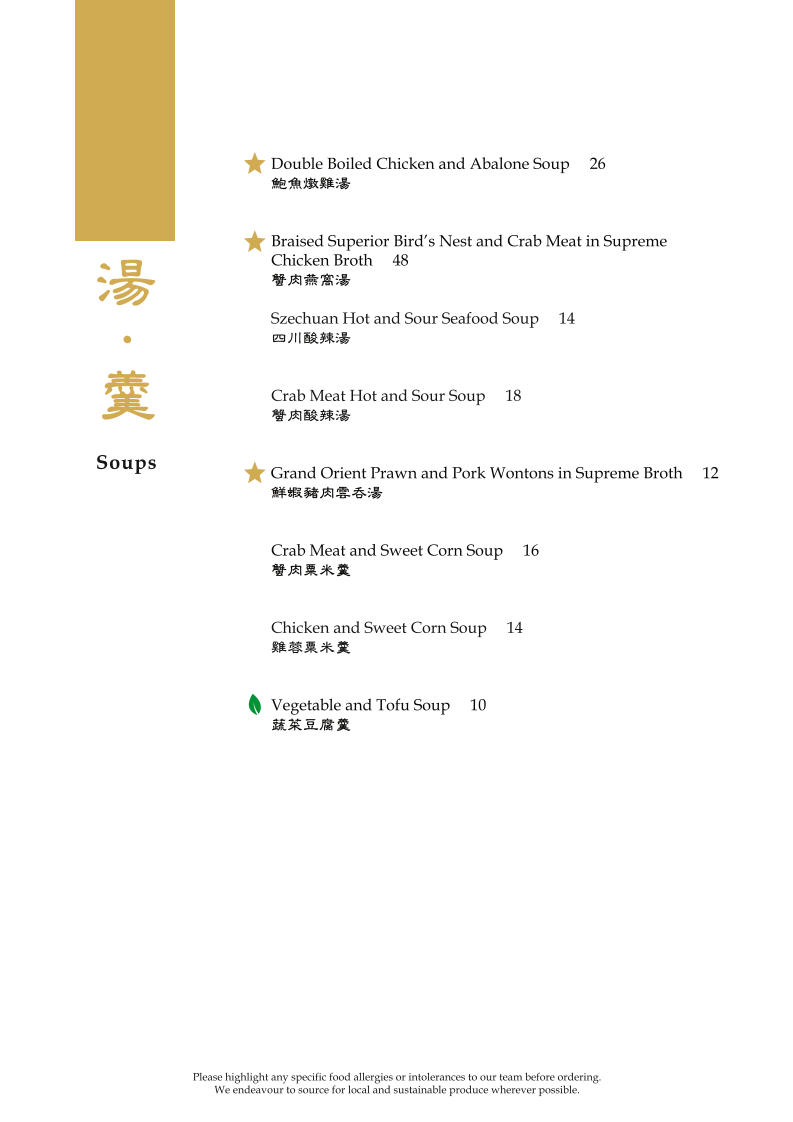 Menu, Grand Orient Restaurant