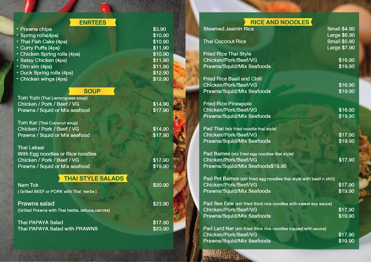 Menu, Thai Papaya Takeaway