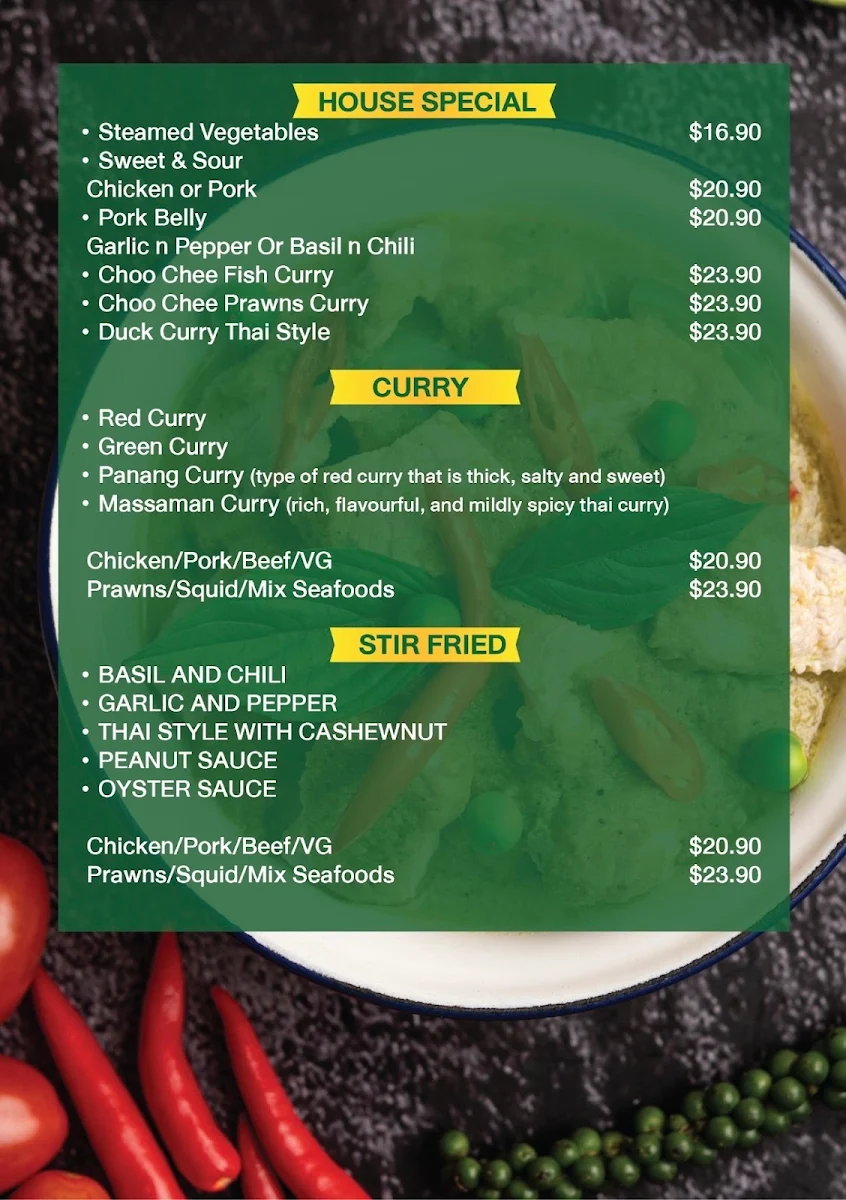 Menu, Thai Papaya Takeaway
