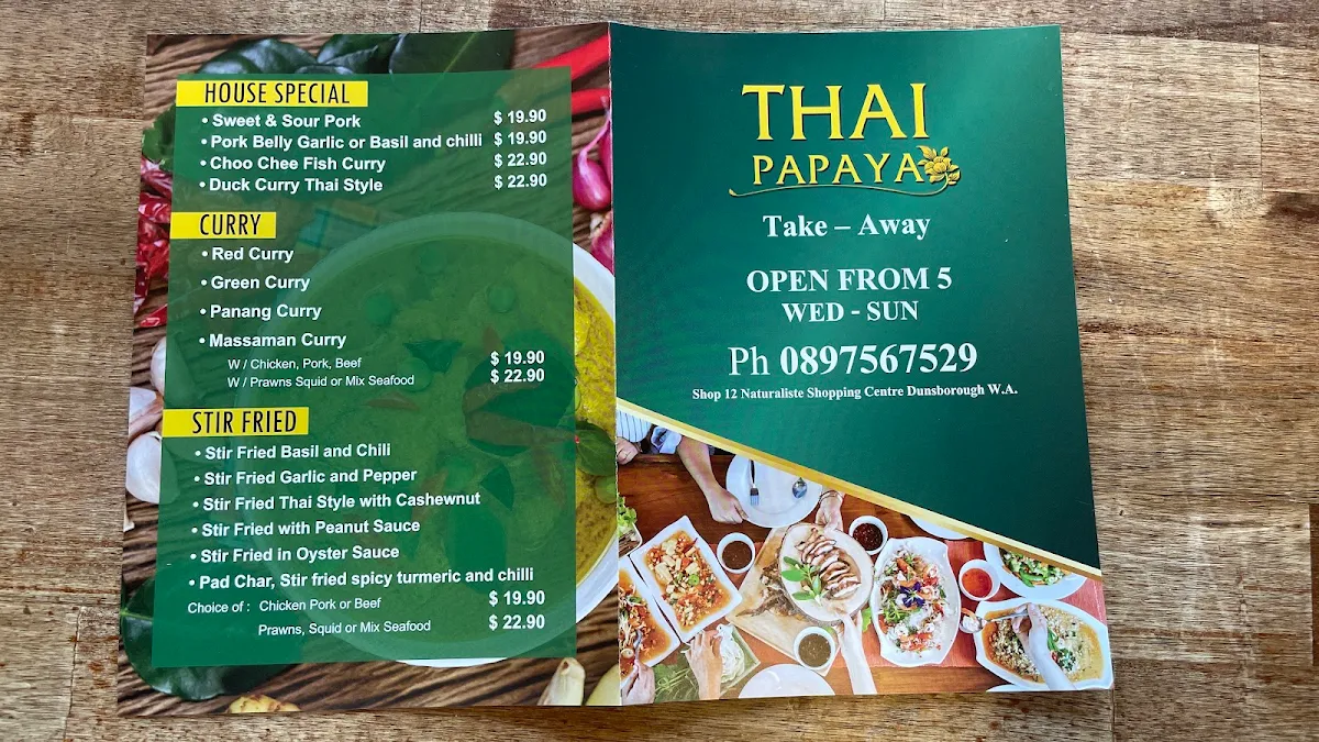 Menu, Thai Papaya Takeaway