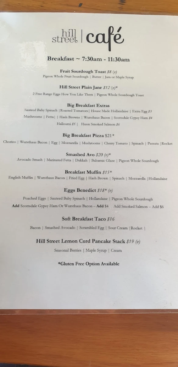 Menu, Hill Street Cafe Devonport